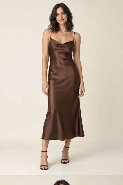 Editorial demo outfit in chocolate satin