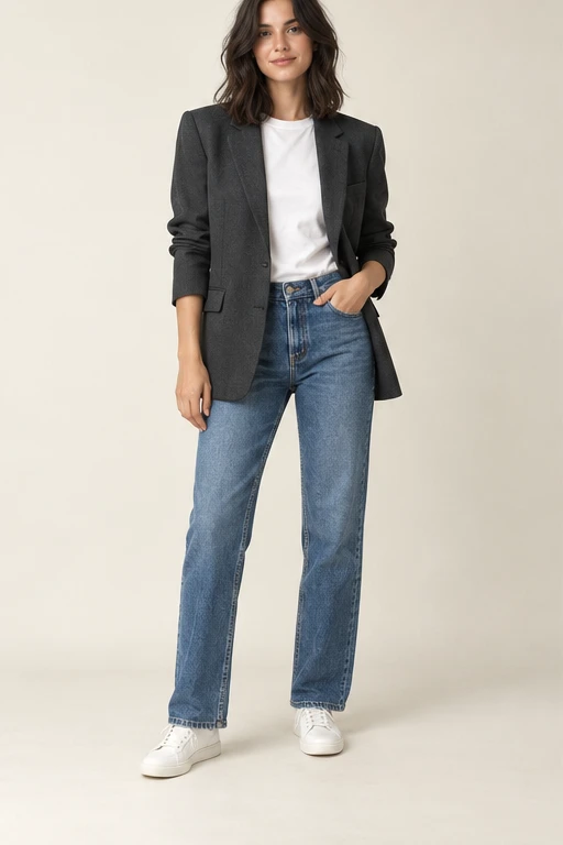 Editorial demo outfit with relaxed denim and tailoring